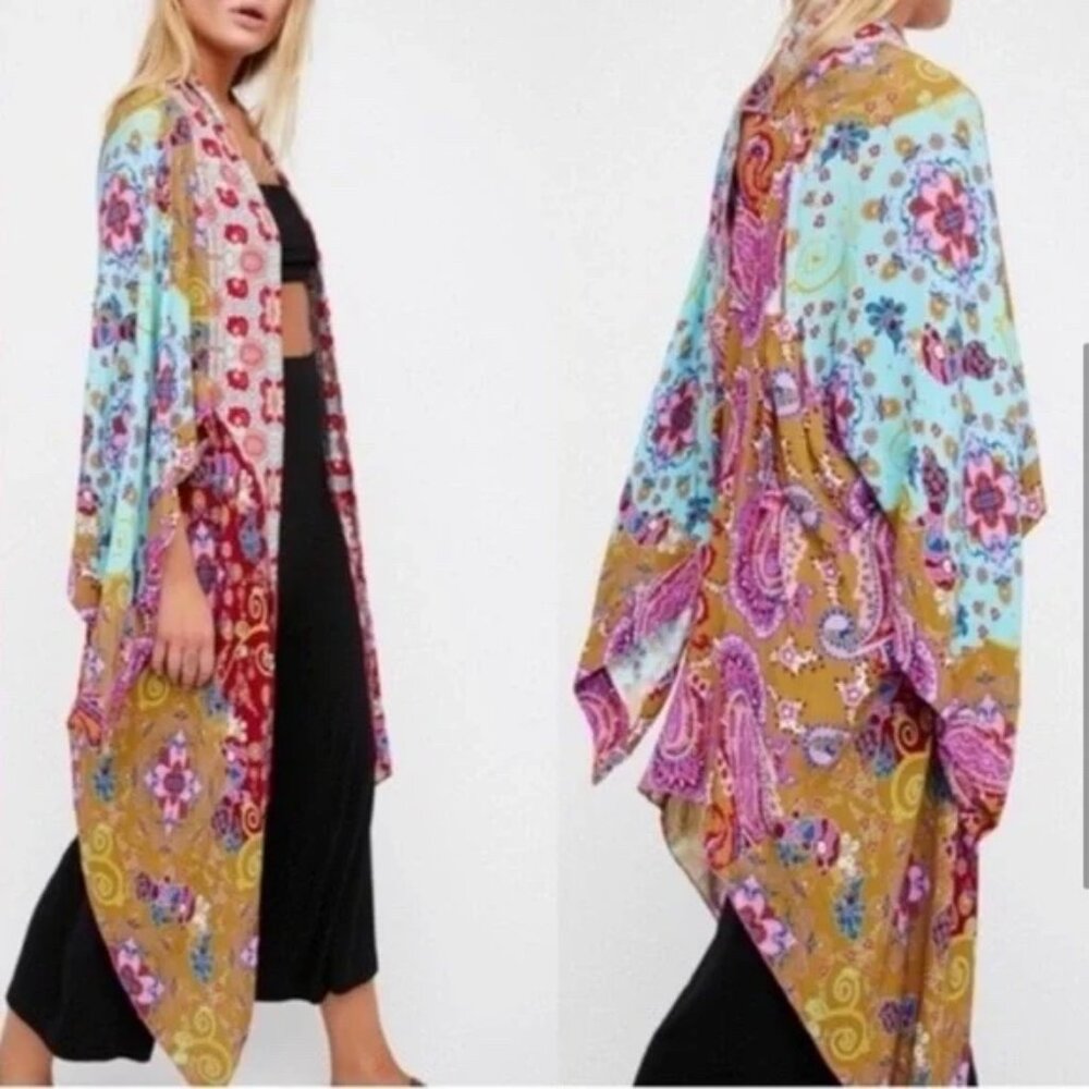 Free People Little Wing Kimono One Size Mix Print Paisley Multicolor
